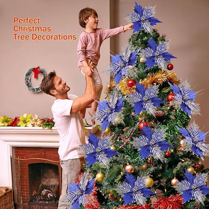 10'' Large Christmas Glitter Poinsettia Flowers Decorations, stadeco 10 Pcs Christmas Tree Picks Ornaments Artificial Flowers with Long Stems for Xmas Tree Wreath Garland Wedding Party DIY Decor