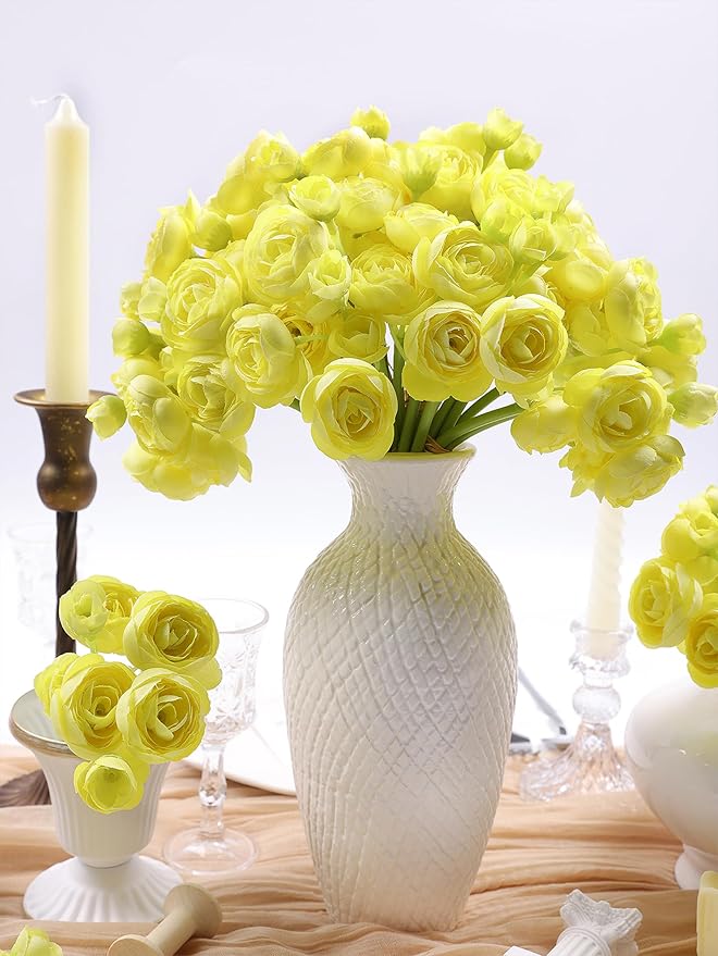 Meldel 32Pcs Ranunculus Artificial Flower Mini Rose, Faux Yellow Ranunculus Flowers for DIY Bouquet, Bulk Fake Peony Wedding Filler Flowers for Centerpieces Arrangements Bridal Shower Decorations