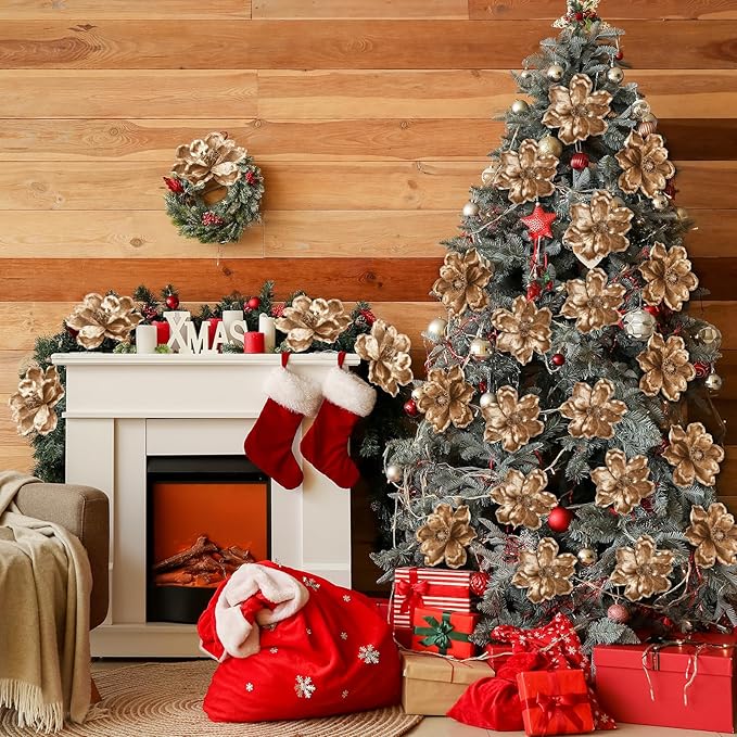 20 Pcs Christmas Glitter Poinsettia Magnolia Flowers Ornaments Large Heads Artificial Magnolia Flowers for Christmas Tree Xmas Wreath Holiday Wedding Decor(Gold)