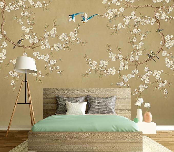 Eierme-Beautiful Background China Art. Flower with Bird Mural Wallpaper Peel and Stick 90" x 67"