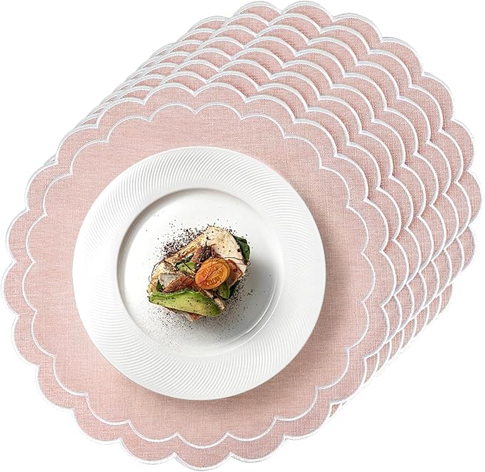 Set of 8 Cotton Linen Placemats, 15x15 Scalloped Flower Embroidery Cloth Table Mats Double Layered Fabric Machine Washable Wrinkle Free Dining Placemat for Hotel Restaurant Kitchen Decor, Pink