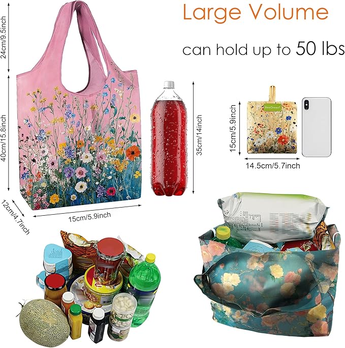 BeeGreen Flower Reusable Shopping Bags Cute Grocery Bag 6 Pack, Christmas Gift Bags Heavy-Duty Foldable Shopping Totes for Supermarket, Work & Travel, Large Washable Polyester Tote Bag with Handles