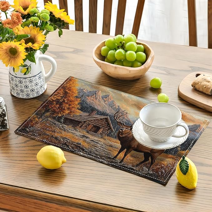 Farmhouse Deer Placemats Set of 6, Country Natural Place Mats, Rustic Forest Lodge Elk Wildlife Dining Table Mats, Washable Placemats for Kitchen Dining Room 18L'' × 12W''
