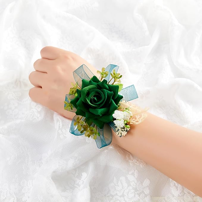 SITUMEIZI 2Pcs Green Corsage and Boutonniere Set Corsage Wristlet for Prom Decor Boutonniere for Men Wedding Flowers Accessories Party Suit Decoration