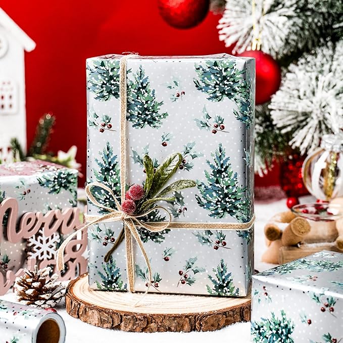 MAYPLUSS Christmas Wrapping Paper Roll - 17 Inch X 33 Feet - Metallic Gift Wrapping Paper Christmas Tree Holly Reversible Red for Holiday Party New Year Kids