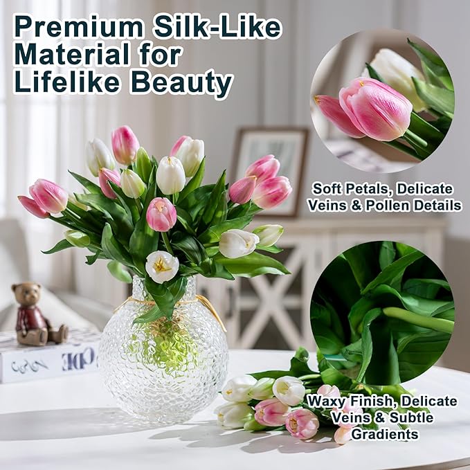 20PCS Fake Tulips Artificial Tulip Silk Flowers Fake PU Bouquet Artificial Flowers Faux Flowers with Gift Box Soft Faux Tulips Bouquets Arrangements for Party Wedding Home