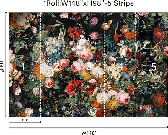 Zeeko Dark Floral Wallpaper Peel and Stick 148" W x 98" H Waterproof Canvas Fabric Vintage Moody Large Wall Mural Self Adhesive Removable Wall Paper for Bedroom Living Room Art Deco