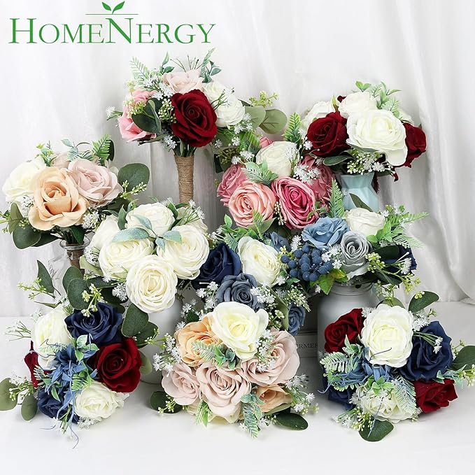 Set of 4 Bridesmaid Bouquets for Wedding - 7 Inch Artificial Flowers Bouquets for Ceremony Anniversary Centerpieces Decorations - Navy & Dusty