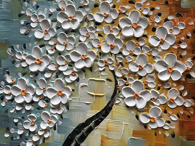 YaSheng Art - hand-painted Oil Painting On Canvas white Flowers Paintings Modern Home Interior Decor Wall Art for living room Abstract Art picture Ready to hang 30x30inch