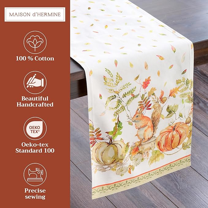 Maison d' Hermine Table Runner 100% Cotton Double Layer Table Runners 108 inches Long for Thanksgiving Christmas Decorations Home Kitchen Dining Party Wedding (Pumpkin Passion, 14.5" x 108")