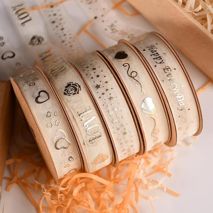 ‌SAYUAN Gold Ribbon 5/8 Inch x 30 Yards Organza Ribbon with Gold HappyEveryDay Pattern for Valentine's Day Birthday Christmas Gift Wrapping Handmade Crafts Floral Bouquet Wedding Party Decoration