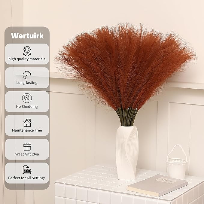 Burnt Orange Pampas Grass - 60pcs 24 Inch Artificial Pampas Grass Decor, Tall Pampas Grass for Floor Vase, Table Centerpieces, Wedding, Party and Fall Decor (Burnt Orange, 60 Pieces)