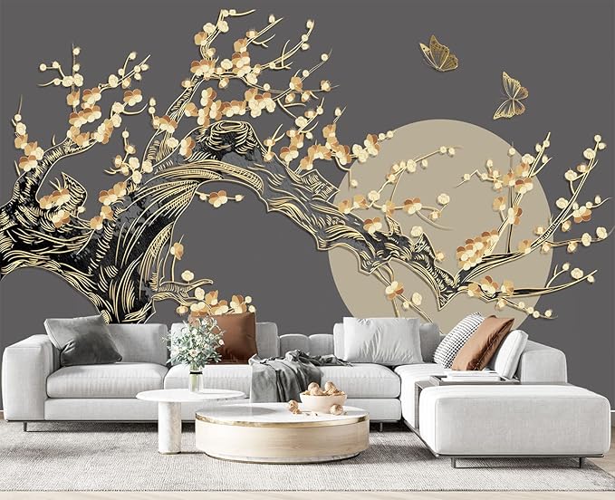 Golden Branches Butterflies Moon Wall Mural Wallpaper for Bedroom 137" x 100"