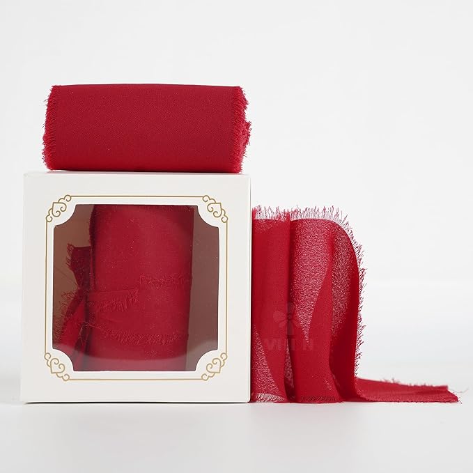 MEEDEE Red Chiffon Ribbon 3 Inch Frayed Ribbon Chiffon Silk Red Fringe Ribbons Wide Chiffon Ribbons for Crafts, Flower Bouquet, Wedding Favors Wrapping (2 Rolls 10 Yards)