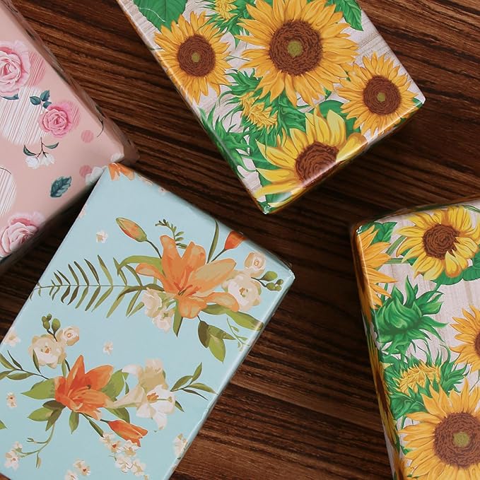Aimyoo Blue Floral Wrapping Paper Jumbo Roll 17 in x 60 ft, Daylily Flower Gift Wrap for Wedding Birthday Bridal Shower