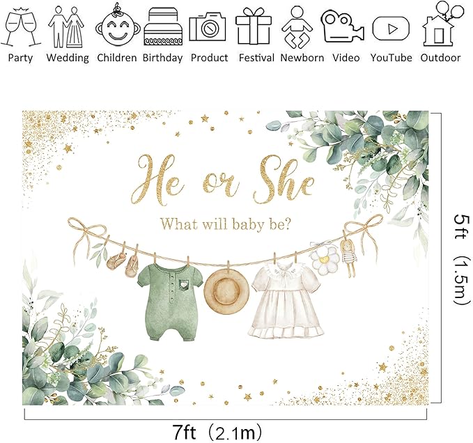 Riyidecor Green Gender Reveal Backdrop He or She What Will Baby Be 7Wx5H Feet Boho Sage Eucalyptus Watercolor Leaves Gold Dots Photography Background Baby Shower Photo Studio Shoot Polyester Fabric