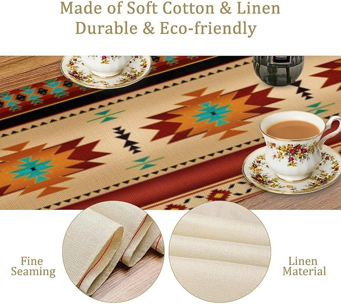 Aztec Southwest Table Runner, Ethnic Style Geometric Triditional Kitchen Table Runners Table Setting Decor for Garden Farmhouse Wedding Party Holiday Dinner Home, 13x120 Inch