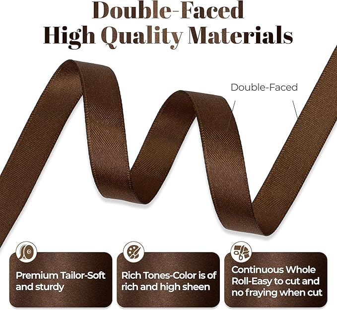 Brown Satin Ribbon, Double Faced 1/2 Inch X 25 Yards Brown Ribbon, Premium Satin Ribbon for Gift Wrapping, Crafts, Hair Bow Making, Sewing, Flower Bouquet, Wedding Party Decor