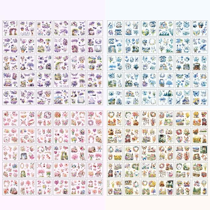 Floral Stickers Set,4 Colors 120 Pages Waterproof PET Flower Stickers for Scrapbooking, Journaling, Junk Journal Supplies, Bullet Journal Planner Decorations