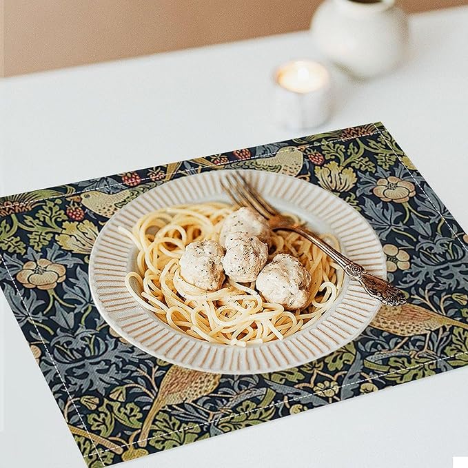 William Morris Floral Placemats Set of 4, Vintage Flower Strawberry Birds Place Mats, Heat Resistant Non Slip Cotton Linen Dining Table Mats for Home Kitchen Party 18x12 Inch