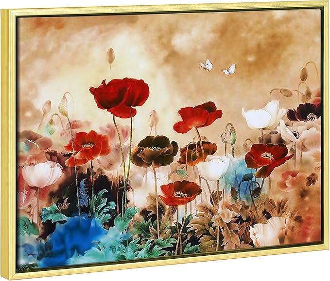 Wieco Art Framed Wall Art Blooming Poppies Canvas Prints Wall Art Colorful Flowers Pictures Paintings for Living Room Bedroom Bathroom Home Decorations Floral Giclee Artwork