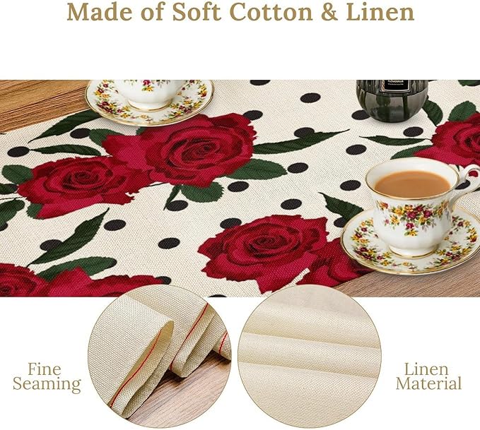 Red Rose Print Table Runner, Romantic Valentines Vintage Rose Spring Summer Dinner Runner Table Decoration for Home Kitchen Dining Holiday Wedding Party 13x120in