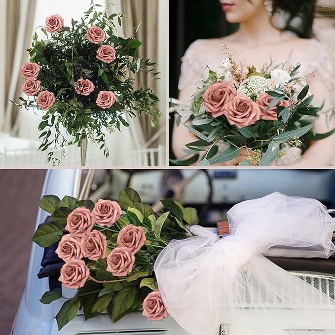 100PCS Warm Taupe Artificial Flowers Roses Real Looking Foam Fake Roses with Leaves for DIY Wedding Bouquets Bridal Shower Party Decorations (Warm Taupe, 100)