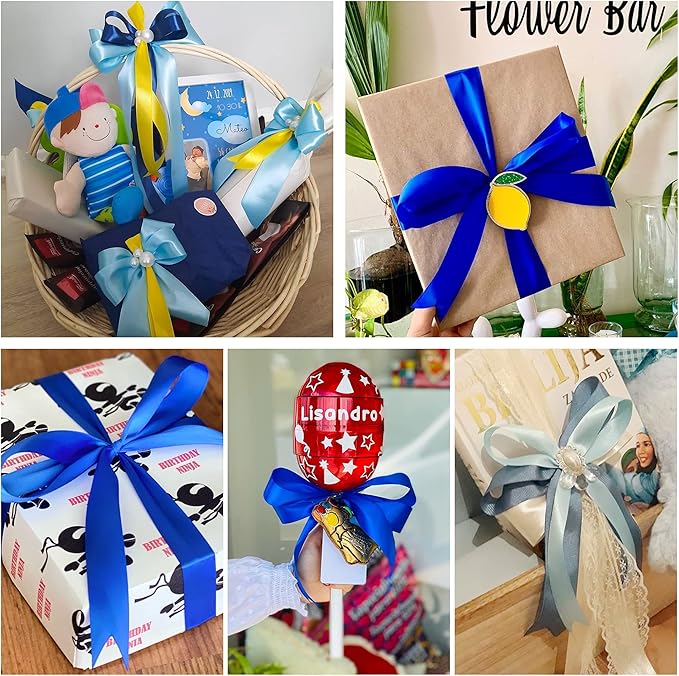 HUIHUANG Blue Solid Color Satin Ribbon Assortment - 5 Colors Double Face Satin Ribbon for Gift Wrapping, Wedding, Baby Shower - 3/8" X 10 Yard Each, Total 50 Yds Per Package