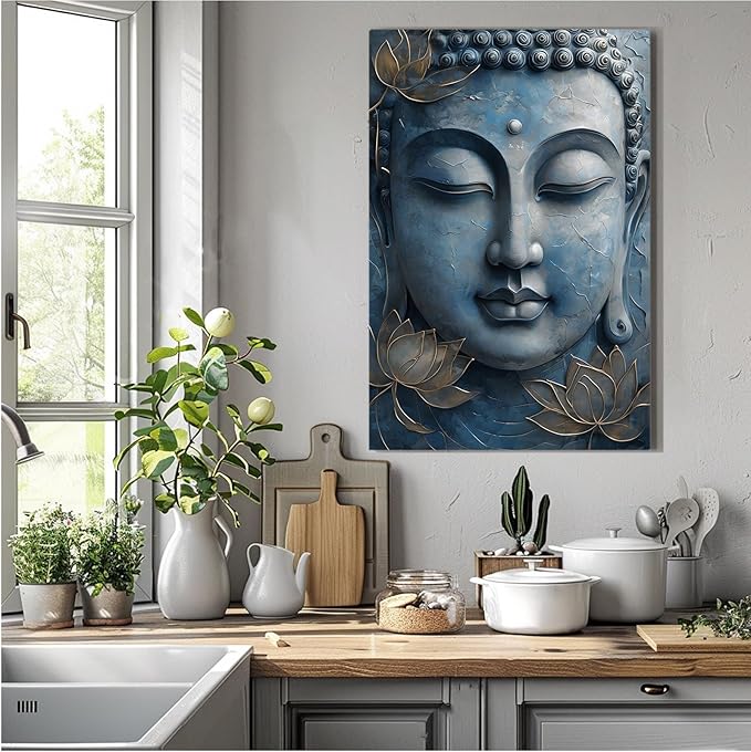 Canvas wall art Golden lotus crown Serene Buddha poster Ethereal blue toned art with delicate floral decor Zen wall art for a tranquil meditation space 32x48in Frameless