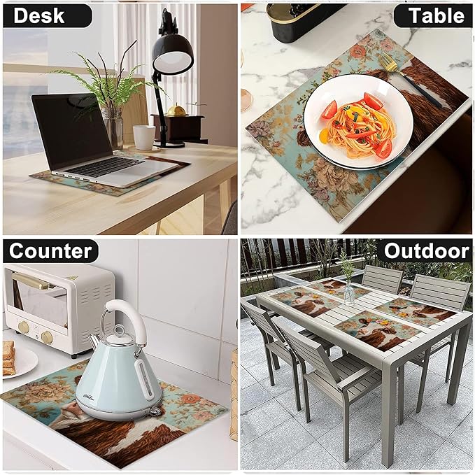 Farmhouse Cow Placemats Set of 4 Washable Table Mats Spring Cow Floral Heat-Resistant Cotton Linen Place Mats for Dining Table Kitchen Indoor Outdoor Party Holiday Decor