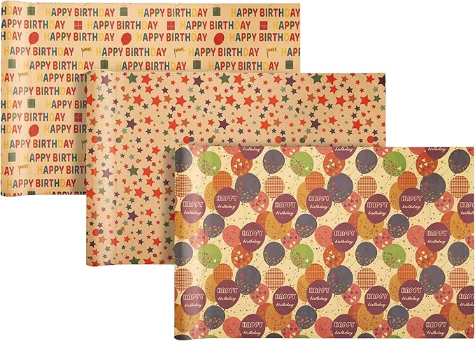 SHUCHING Birthday Gift Kraft Wrapping Paper Roll, Balloons Stars Pattern for Kids Girl Boy, Perfect for Birthday Party, Baby Shower, 3 Rolls, 17 Inch X 9.8 Feet per Roll