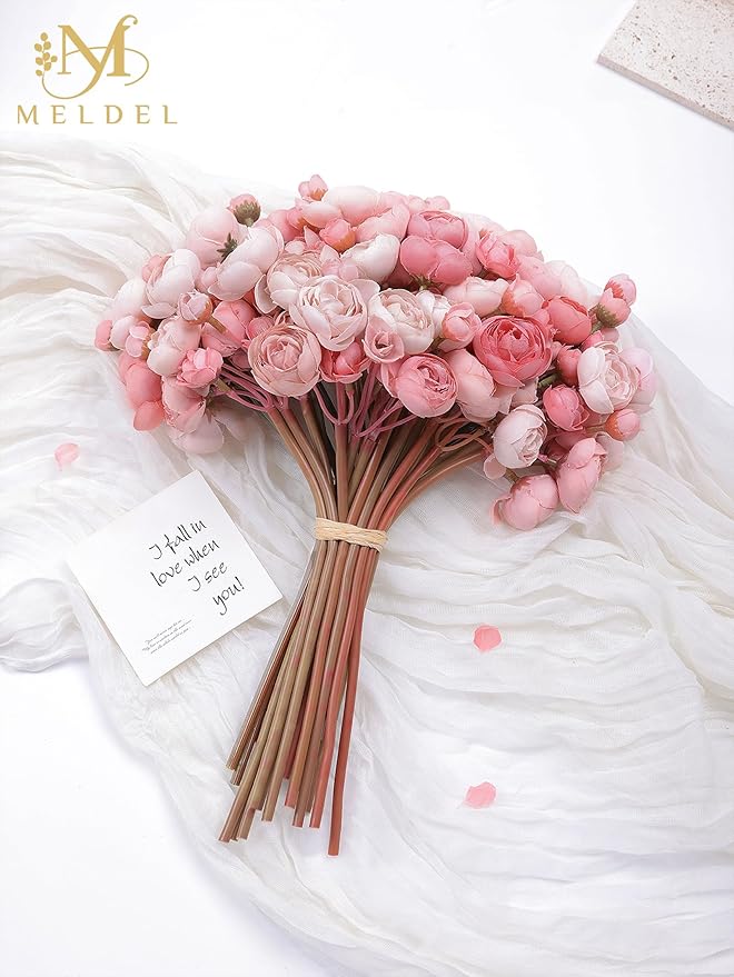 Meldel 32Pcs Ranunculus Artificial Flower, Faux Dusty Rose Ranunculus Flowers for DIY Bouquet, Mini Roses Bulk Fake Peony Wedding Filler Flowers for Centerpieces Arrangements Bridal Shower Decorations