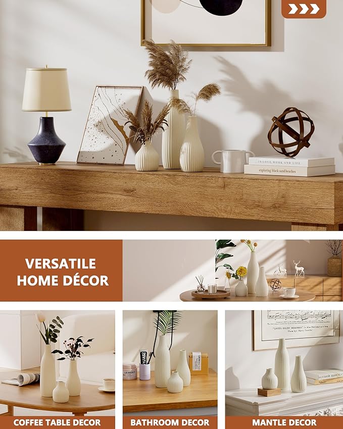 Decorative Flower Vase Set of 3 - Modern Boho Style Beige Vases,Ribbed Textures Ceramic Vase for Home Decor Shelf Bookshelf Mantle TV Stand Entryway Console,Dining Table Centerpiece Decor