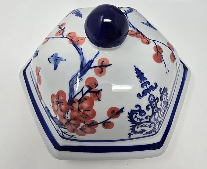 Festcool Blue and White Porcelain Ceramic Covered Floral Jar Vase, Food Container Storage Lotus Plum Blossoms,(J23), 12 inch