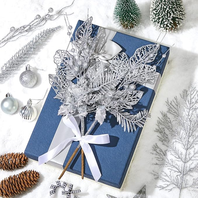 30 Pcs Artificial Christmas Tree Picks and Sprays Glitter Berry Stem Branches Holly Floral Picks Twigs Christmas Tree Ornaments for DIY Xmas Wreath Vase Filler Decorations(Silver)