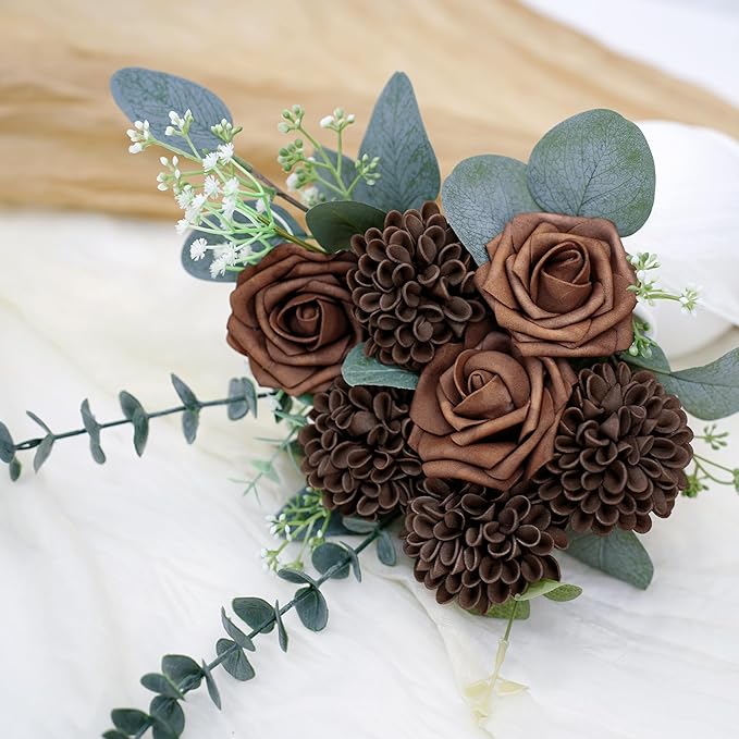 Artificial Flowers, 25pcs Brown Artificial Rose for DIY Wedding Bouquets Centerpieces Arrangements, Brown Rose and Dahlia Flowers with Stem for Bridal Shower Party Home Decorations