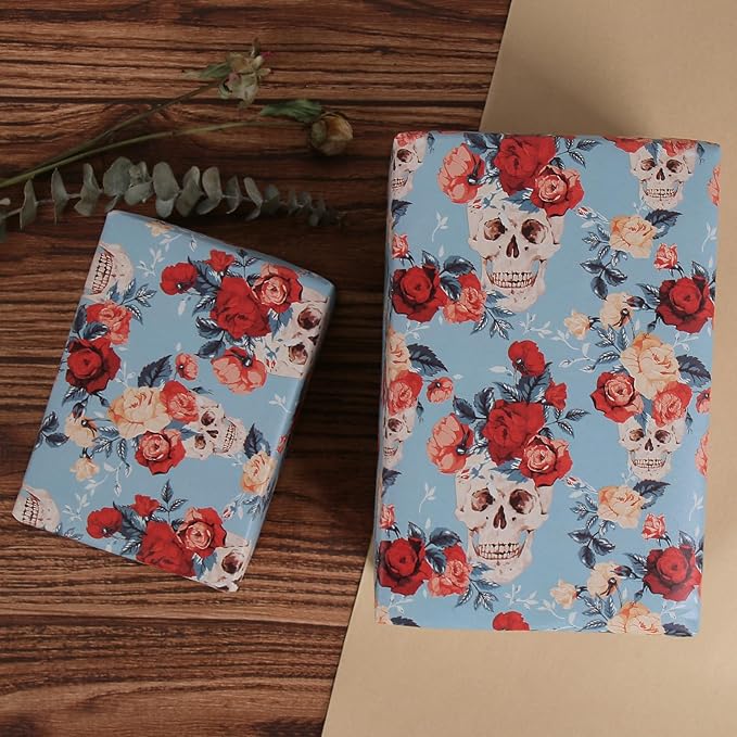 Aimyoo Blue Red Floral Skull Kraft Wrapping Paper Jumbo Roll, Gothic Flower Gift Wrap Paper for Birthday Bridal Shower 17 in x 60 ft