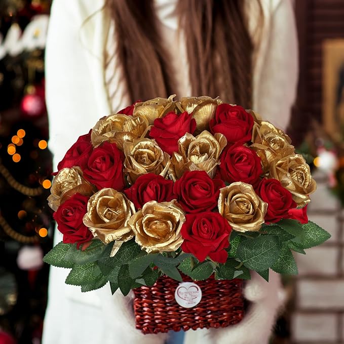 30pcs Fake Roses Artificial Silk Flowers Long Stems Bouquet for Wedding Bridal Shower Party Home Decoration (Burgundy + Gold)