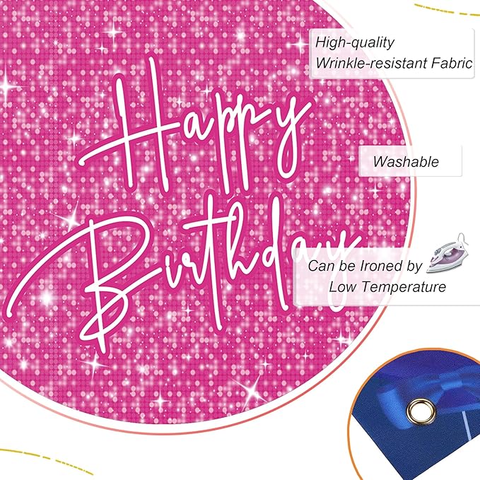 Happy Birthday Decoration for Women Shiny Pink Neon Party Backdrop Glitter Banner for Girl Princess Party Table Wall Decorations Pink Sparkle Birthday Photo Booth Studio Background 7x5ft