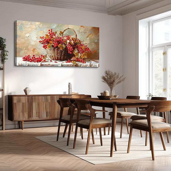 hyidecorart Rustic Dining Room Artwork For Walls Large Canvas Print Wall Art Still Life Bamboo Basket And Fruit Vintage Wall Decor Pictures For Living Room Farmhouse Kitchen Bar Office Posters 24x48