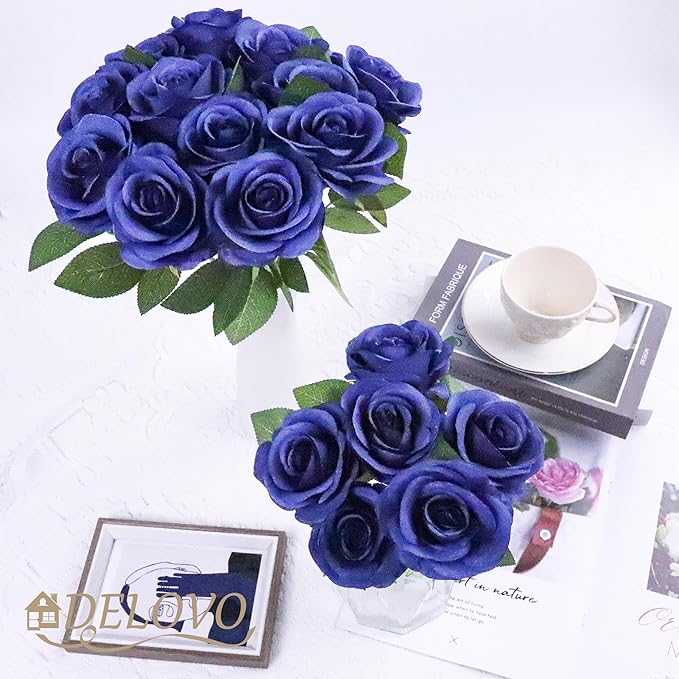 52pcs Navy Blue Roses Artificial Flowers Fake Flowers Silk Roses with Stems for DIY Wedding Bouquets Bridal Shower Centerpieces Arrangements Party Decorations