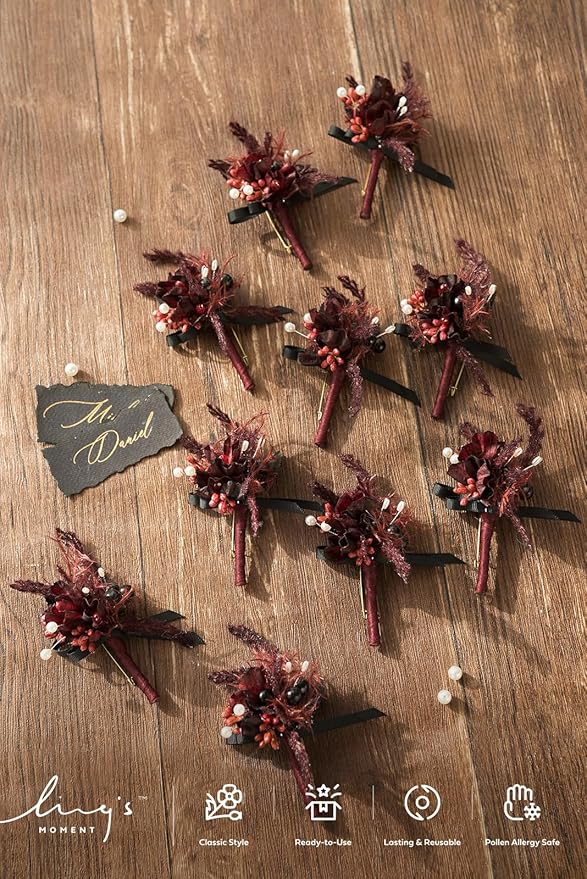 Ling's Moment Boutonniere for Men, 10pcs Groomsmen Guest Boutonniere, Artificial Flowers for Wedding Décor/Prom/Homecoming,etc.Black Gothic Burgundy