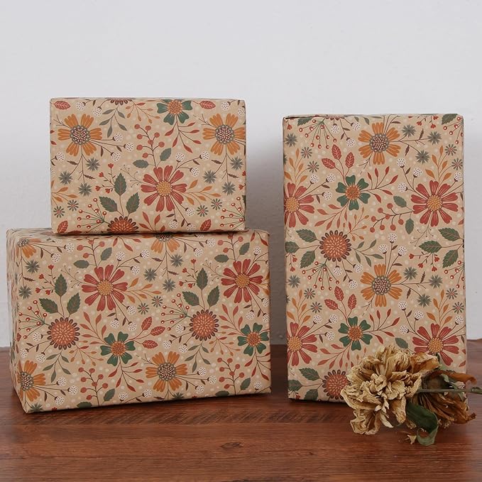 Aimyoo Floral Kraft Wrapping Paper Roll, All Occasion Vintage Flower Gift Wrap for Wedding Birthday Bridal Shower, 17 inch x 10 ft
