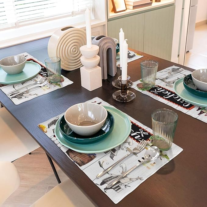 Chef Kitchen Linen Placemats Set of 4 Wine Cooking Theme Placemats for Indoor Outdoor Party Home Desktop Dining Room Decor 12x18 Inch