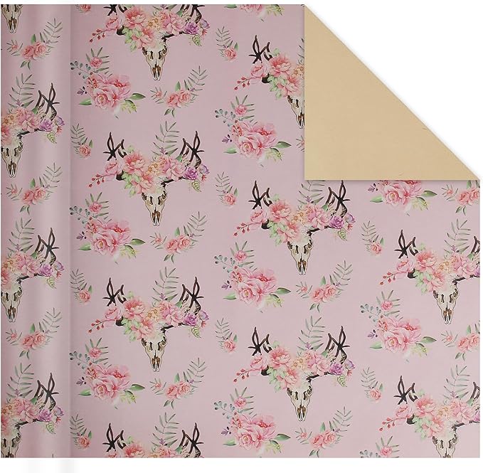Aimyoo Pink Skull Floral Kraft Wrapping Paper Roll, All Occasion Flower Gift Wrap Paper for Birthday Wedding Bridal Shower 17 in x 10 ft