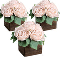 Dining Table Centerpiece Set of 3 - Pre-Made Aritifial Rose with Wooden Vase Fake Floral Arrangment Faux Flower for Wedding Bridal Tea Party Event Decorations - Boho