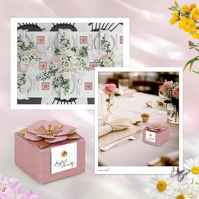 Linkidea 20 Pcs Pink Floral Folding Candy Gift Boxes 2.55" x 2.55" x 1.77" for Wedding Favors, Elegant Party Thank You Boxes with Tags