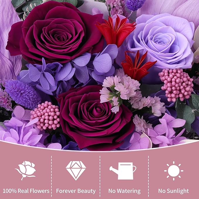 Lewondr Flower for Delivery, Preserved Flowers Bouquet, Purple Roses Bouquet, Real Long-Lasting Forever Birthday Flowers Gifts for Mom Grandma Women Mothers Day Anniversary Christmas, Purple