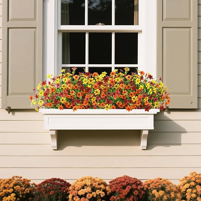 Homsunny Artificial Mums Flowers Outdoors Autumn Decor, Fall Fake Silk Daisy UV Resistant, 12 Bundles Outside Faux Flower Plants for Home Garden Porch Patio Yard Balcony Window (Yellow Brown Orange)