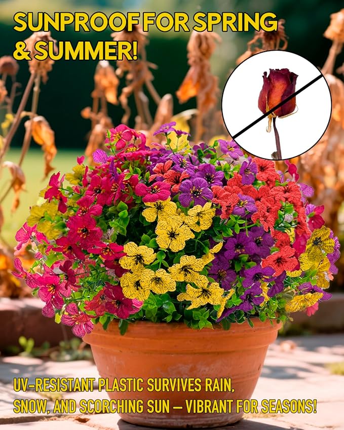 UV Resistant Daisy Faux Flowers for Outdoor Planters Hanging Basket Window Box - 18 Bundles Fake Flowers Outside with Eucalyptus, Realistic Silk Artificial Plants for Porch Garden Home Décorations